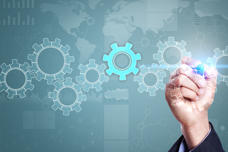 Gears on virtual screen. Business strategy and technology concept. Automation process.の写真素材