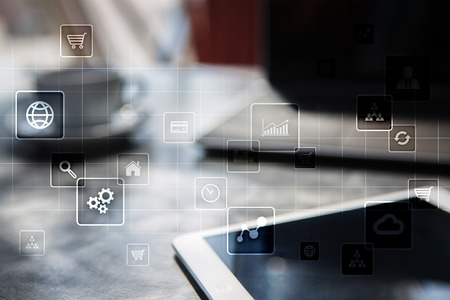 Virtual screen interface with applications icons. APPS. Work Business process in modern office. Strategy planning  Internet technology concept.の写真素材