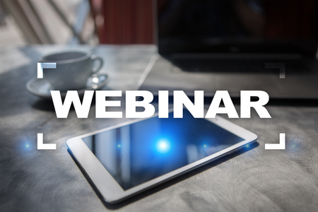 Webinar. E-Learning, Online Education concept. Personal development. Virtual screen.