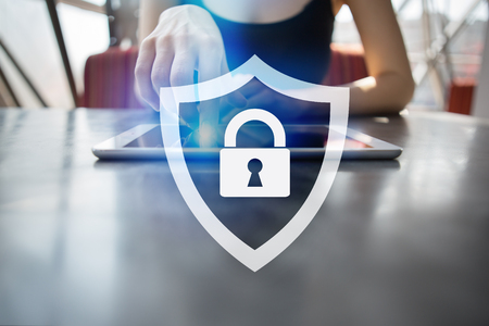 Cyber security, Data protection, information safety and encryption. internet technology and business concept.  Virtual screen with padlock icons.の写真素材