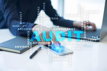 Audit business concept. Auditor. Compliance. Virtual screen technology.の写真素材