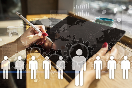 Human resource management, HR, recruitment, leadership and teambuilding. Business and technology concept.の写真素材