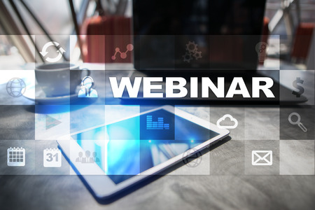 Webinar. E-Learning, Online Education concept. Personal development. Virtual screen.の写真素材