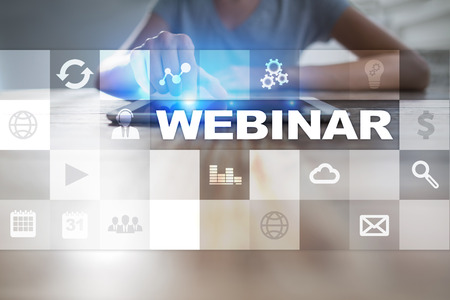 Webinar. E-Learning, Online Education concept. Personal development. Virtual screen.の写真素材