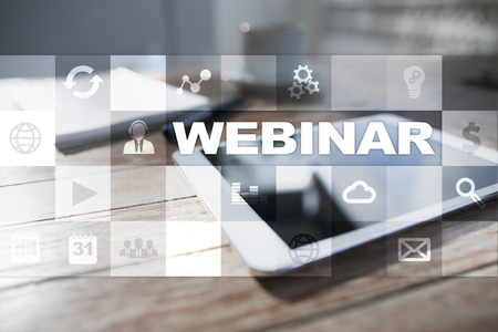 Webinar. E-Learning, Online Education concept. Personal development. Virtual screen.の写真素材