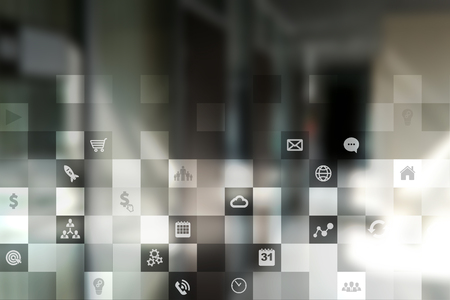 Business mockup. Office workflow. Icons on virtual screen. Internet and digital technology concept.の写真素材
