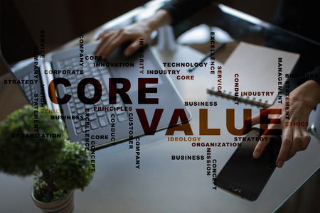 Core value on the virtual screen. Business concept. Words cloud.の写真素材