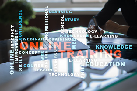 Online training on the virtual screen. Education concept. Words cloud.の写真素材