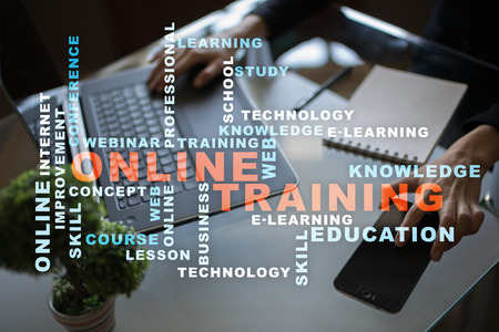Online training on the virtual screen. Education concept. Words cloud.の写真素材