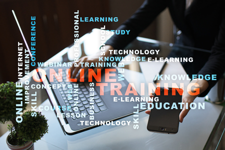 Online training on the virtual screen. Education concept. Words cloud.の写真素材