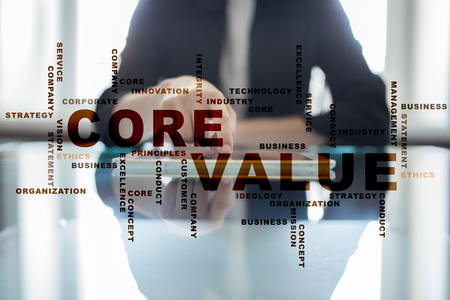 Core value on the virtual screen. Business concept. Words cloud.