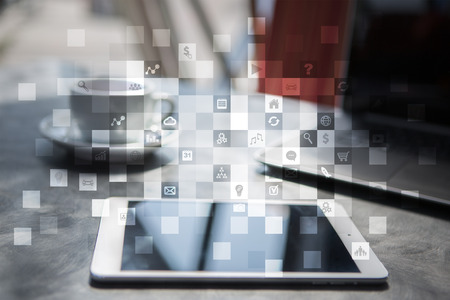 Virtual screen interface with applications icons. APPS. Work Business process in modern office....