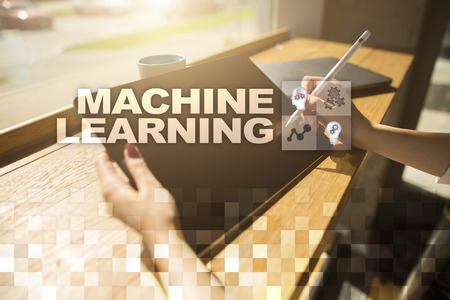 Machine Learning. Text and icons on virtual screen. Business, internet and technology concept.の写真素材