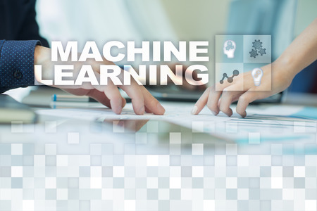 Machine Learning. Text and icons on virtual screen. Business, internet and technology concept.の写真素材