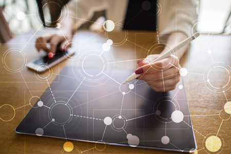 Template for text, Virtual screen Background with icons. Business, internet technology and networking concept.の写真素材