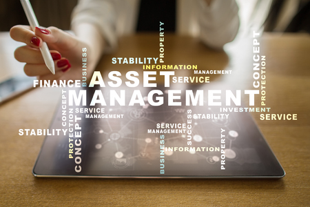 Asset management on the virtual screen. Business concept. Words cloud.の写真素材
