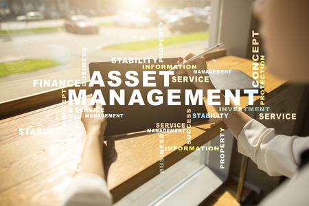 Asset management on the virtual screen. Business concept. Words cloud.の写真素材