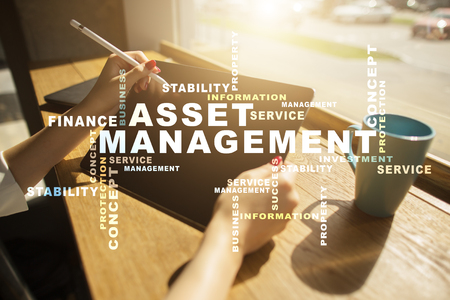 Asset management on the virtual screen. Business concept. Words cloud.の写真素材