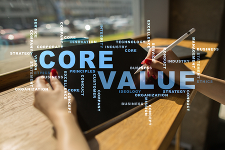 Core value on the virtual screen. Business concept. Words cloud.の写真素材