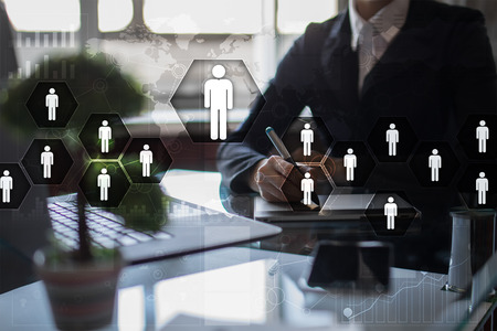 Human resource management, HR, recruitment, leadership and teambuilding. Business and technology concept.の写真素材