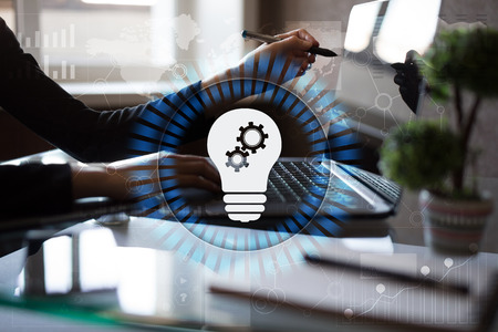 Lamp icon on virtual screen. Business solution. Innovation concept.