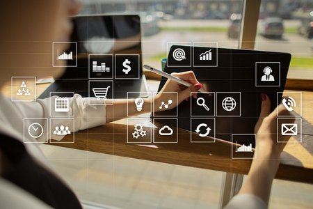Virtual screen interface with applications icons. APPS. Work Business process in modern office. Strategy planning  Internet technology concept.の写真素材