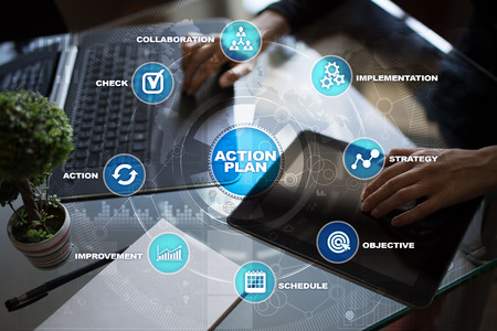 Action plan on the virtual screen. Planning concept. Business strategy.の写真素材