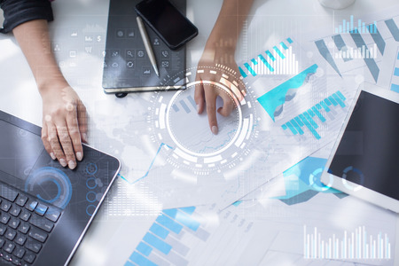 Internet, Business and technology concept. Icons, diagrams and graphs background on virtual screen.