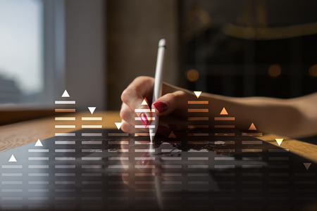 Stock trading, data analysis diagram, chart, graph on virtual screen. Business and technology concept.の写真素材