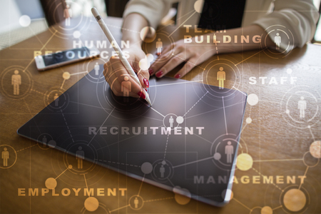 Human resource management, HR, recruitment, leadership and teambuilding. Business and technology concept.の写真素材