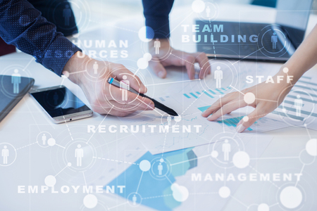 Human resource management, HR, recruitment, leadership and teambuilding. Business and technology concept.の写真素材
