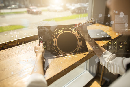 Internet, Business and technology concept. Icons, diagrams and graphs background on virtual screen.の写真素材