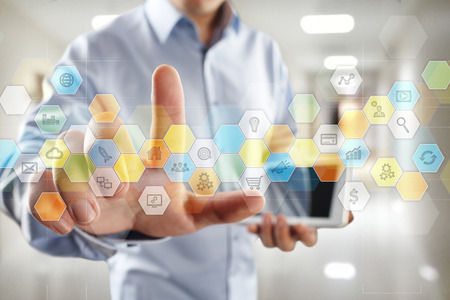 Colored applications icons and graphs on virtual screen. Business, internet and technology concept.