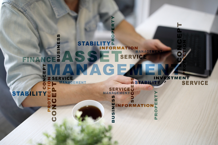 Asset management on the virtual screen. Business concept. Words cloud.の写真素材