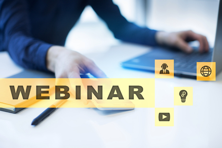 Webinar. E-Learning, Online Education concept. Personal development. Virtual screen.の写真素材