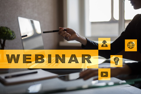 Webinar. E-Learning, Online Education concept. Personal development. Virtual screen.