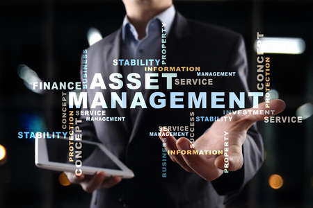 Asset management on the virtual screen. Business concept. Words cloud.の写真素材