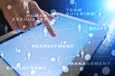 Human resource management, HR, recruitment, leadership and teambuilding. Business and technology concept.の写真素材