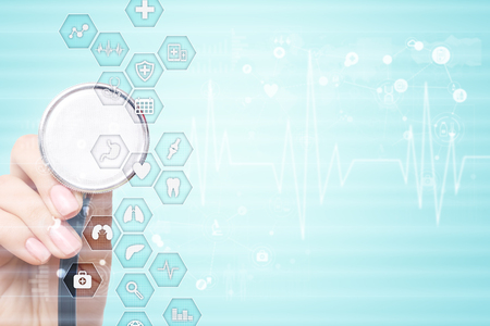 Medicine and healthcare concept. Medical doctor working with modern pc. Electronic health record. EHR, EMR.の写真素材