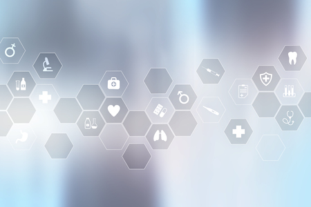 Medicine technology and healthcare concept. Medical doctor working with modern pc. Icons on virtual screen.の写真素材