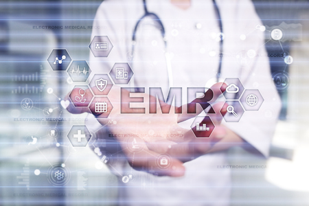 Electronic health record. EHR, EMR. Medicine and healthcare concept. Medical doctor working with modern pc.の写真素材