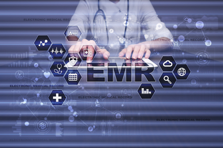 Electronic health record. EHR, EMR. Medicine and healthcare concept. Medical doctor working with modern pcの写真素材