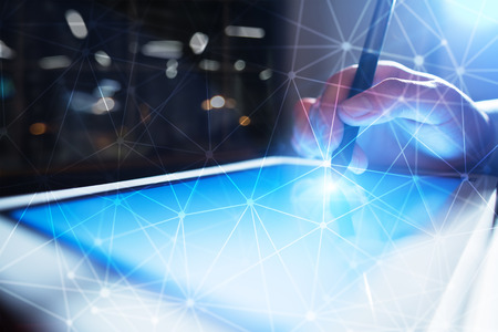 Flying network sphere 3D background. Business technology and internet concept. Modern virtual screen interface.の写真素材