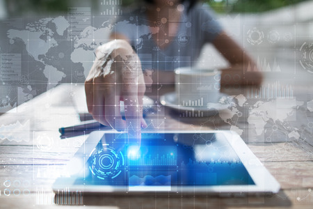 Internet, Business and technology concept. Icons, diagrams and graphs background on virtual screen.