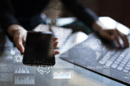 Internet, Business and technology concept. Icons, diagrams and graphs background on virtual screen.