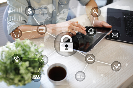 Cyber security, Data protection, information safety and encryption. internet technology and business concept.  Virtual screen with padlock icons.の写真素材