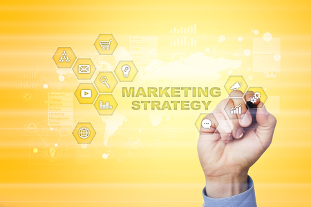 Marketing strategy concept on virtual screen. Internet, advertising and digital technology concept. Sales growth.の写真素材