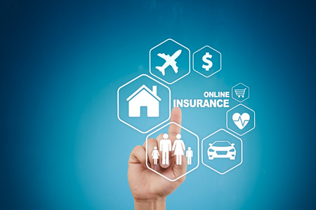 Online insurance on virtual screen. Life, car, property, health and family. Internet and digital technology concept.の写真素材