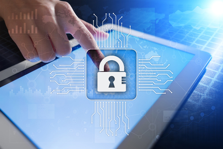 Cyber security, Data protection, information safety and encryption. internet technology and business concept.  Virtual screen with padlock icons.の写真素材