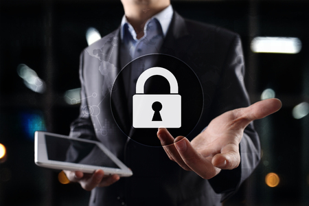 Cyber security, Data protection, information safety and encryption. internet technology and business concept.  Virtual screen with padlock icons.の写真素材